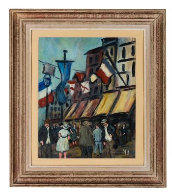 une peinture à l'huile représentant des personnes marchant dans une rue devant un immeuble