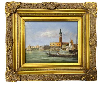 une peinture à l'huile représentant une vue de ville avec une tour horloge en arrière-plan