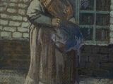 painting of a woman with a basket on her head standing in front of a building