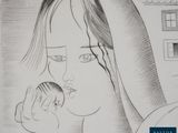 pencil drawing of a woman eating an apple in front of a building