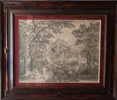 an old picture of a painting of a landscape in a wooden frame