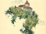 an old watercolor painting of a castle surrounded by trees