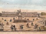 a drawing of a large building with a horse and carriage in the foreground