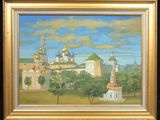 an oil painting of a view of a city with a church in the background