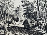 drawing of a landscape with a castle in the distance