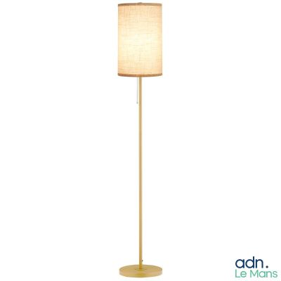 a tall lamp with a beige shade on a white background