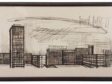 drawing of a cityscape in a frame on a white background