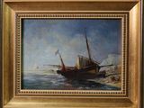 une peinture à l'huile représentant un bateau dans un plan d'eau