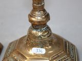 two golden candles that are sitting on a table