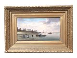 une peinture à l'huile représentant des personnes sur une plage avec des bateaux dans l'eau