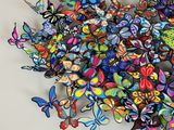 a large group of colorful butterflies on a white surface