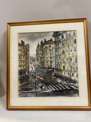 a picture of a painting of a city street in a gold frame