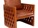 an image of a wooden chair with a leather cushion on it