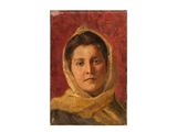 portrait d'une femme portant un châle jaune sur fond rouge