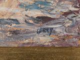 a painting of a man riding a wave on a surfboard