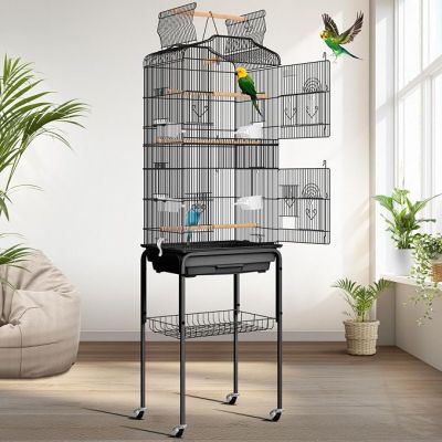 an image of a bird cage with a bird flying around it