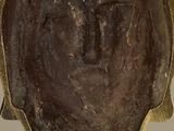 a statue of a man ' s head on display in a museum