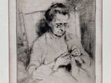 an old drawing of a woman sitting in a chair holding a cat