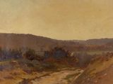 painting of a landscape with a dirt road in the foreground and hills in the background
