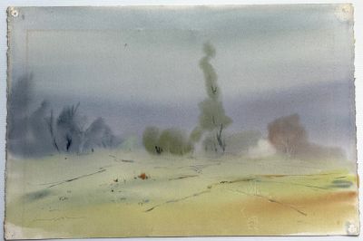 une aquarelle représentant un champ avec des arbres au loin