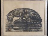 framed drawing of a cat drinking water from a pond