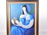 tableau représentant une femme en robe bleue tenant une tasse