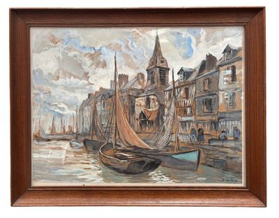 a painting of a boat in a harbor with buildings in the background