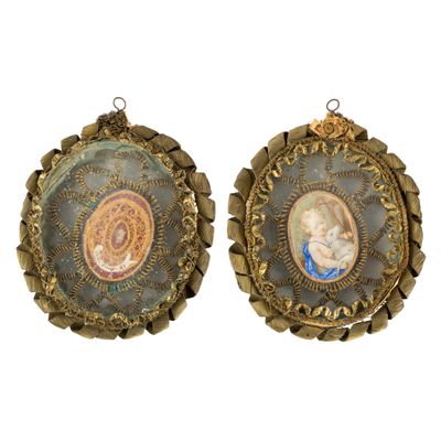 pair of miniature portraits of a lady and a child in a gold frame