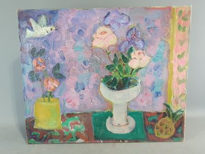 une peinture de fleurs dans un vase sur une table