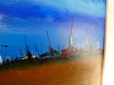 un tableau représentant des voiliers dans un port par une journée ensoleillée