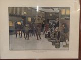 painting of a group of people in a building with a horse drawn carriage