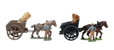 three figurines of horses pulling a wagon with bread in it