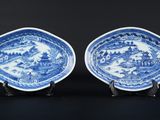 une paire d'assiettes bleues et blanches représentant un paysage