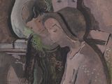 painting of two people sitting at a table with a vase in the background