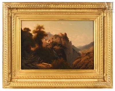 a painting of a mountain landscape with a castle in the distance