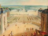 an oil painting of a view of a palace with horses and carriages