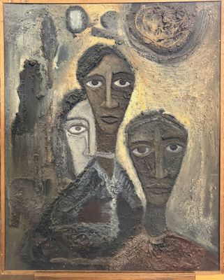 an oil painting of a woman and two men in a room