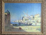 une peinture à l'huile représentant une scène de port avec des bateaux au premier plan