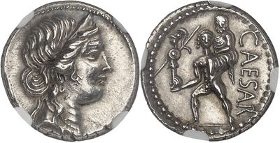 a silver coin with an image of a man holding a sword