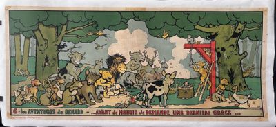 an old cartoon picture of a group of animals in the woods