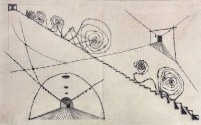 dessin représentant un escalier menant à une pièce où se trouve une horloge