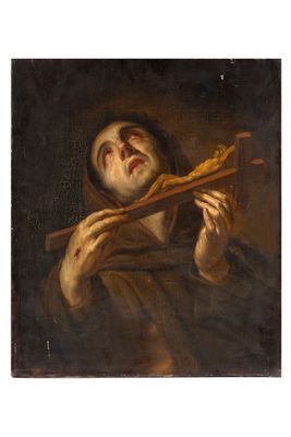 un tableau représentant un homme tenant un bâton dans ses mains