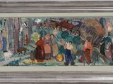 an oil painting of a group of people and horses in a wooded area