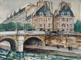 une peinture représentant un pont sur une rivière avec un château à l'arrière-plan
