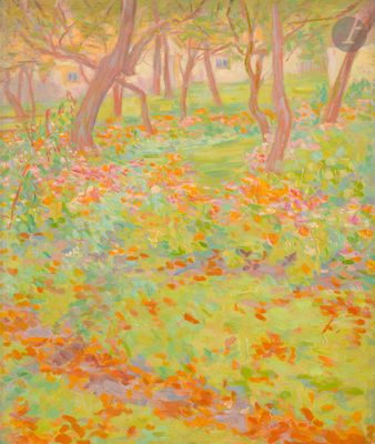 a painting of a field of flowers with trees in the background