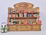 a miniature display of food and drinks on a shelf