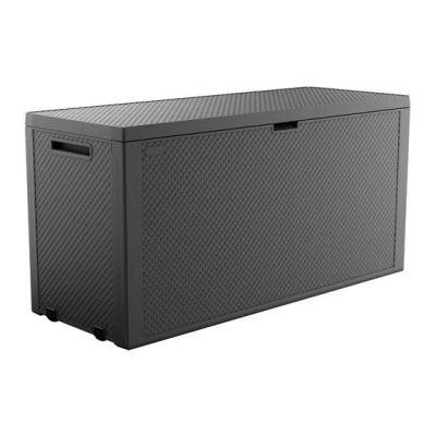une boîte de rangement en plastique noir avec un couvercle, sur fond blanc