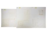 three drawings of a room with a window and a door
