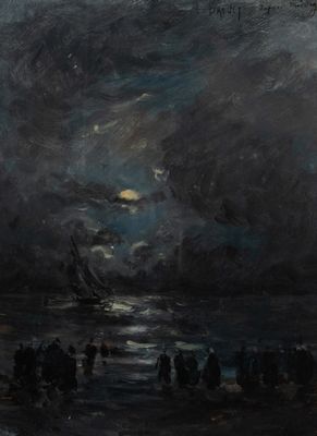 a painting of people standing on a beach under a cloudy sky