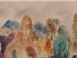 a watercolor painting of trees in a field